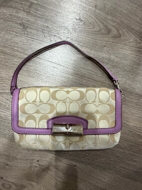 Coach Beige Signature Canvas Shoulder Bag with Lilac Trim